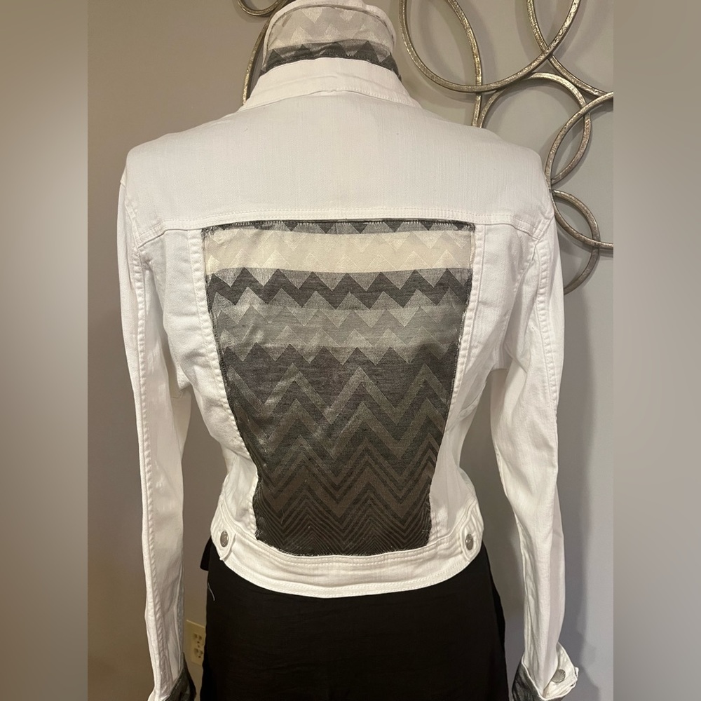 XL Upcycled White Denim Jacket Embellished with Silk Scarf
